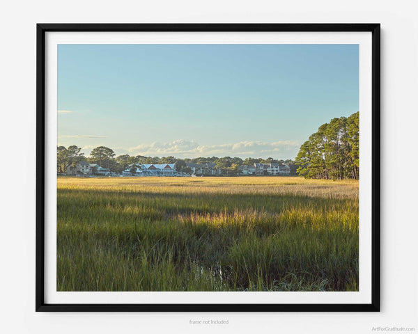 A picture looking Over Marsh Towards Salty Dog Cafe And South Beach Marina, Hilton Head Island Fine Art Photography Print. Perfect for wall art.