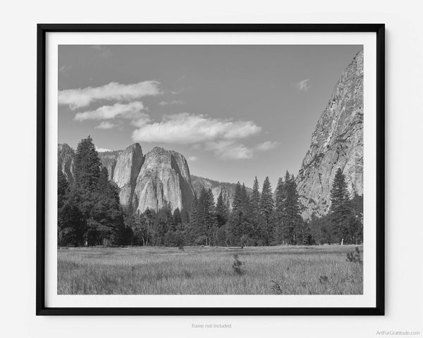 Cathedral Rocks Over Cook's Meadow, Yosemite Black & White Fine Art Photography Print