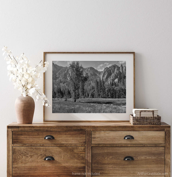 Cathedral Spires Over Meadow, Yosemite Black And White Fine Art Photography Print