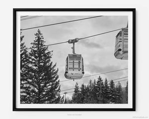This black and white fine art photography print shows winter in Vail, Colorado at Vail Ski Resort. An empty cable car, suspended from the the Eagle Bahn Gondola, ascends the mountain from Lionshead Village with snow covered pine trees in the distance.