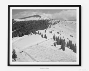 This black and white fine art photography print shows winter in Vail, Colorado at Vail Ski Resort. The wide view of the Back Bowls includes ski runs such as: Sleepy Time Road, Headwall, Yonder Gulley, Yonder, and the Sun Up Express Ski Lift.