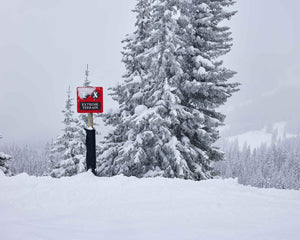This fine art photography print shows winter in Vail, Colorado at Vail Ski Resort. Capturing the thrill of the slopes, this print showcases a bright orange sign reading "extreme terrain" at the top of an expert black diamond ski run on a snowy day with near white out conditions.