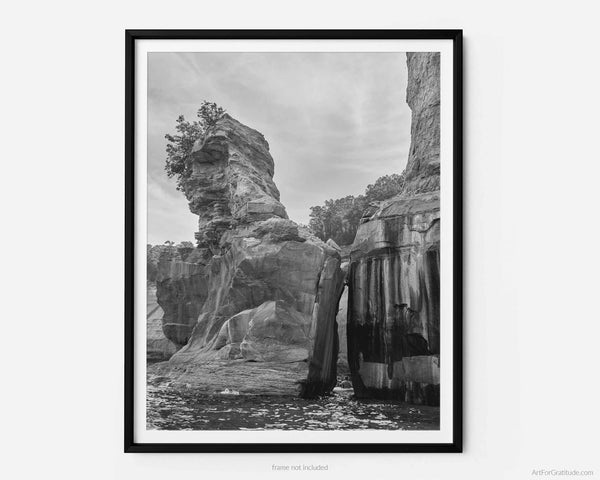Kissing Rock And Kayaker, Pictured Rocks Michigan Black And White Fine Art Photography Print