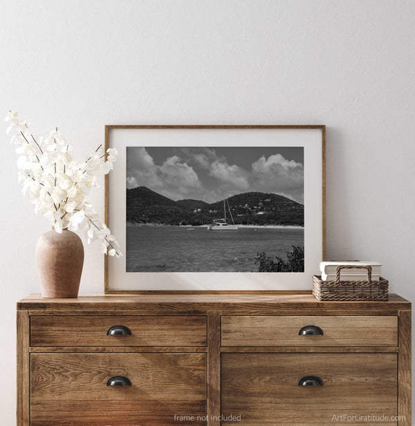 Salt Pond Beach Sailboat, St. John USVI Black And White Fine Art Photography Print