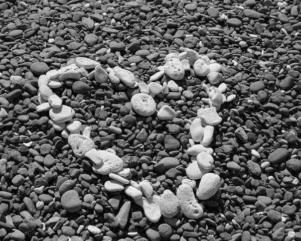 Coral Heart on Blue Cobblestone Beach, St. John USVI Black And White Fine Art Photography Print
