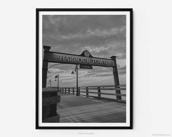 Harbour Town Pier Dock Sign At Sunset, Hilton Head Island Black And White Fine Art Photography Print
