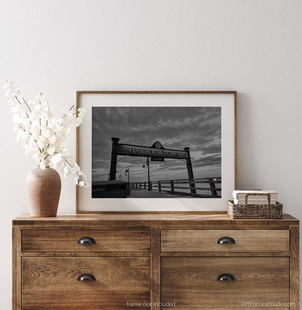Harbour Town Pier Dock Sign At Sunset, Hilton Head Island Black And White Fine Art Photography Print
