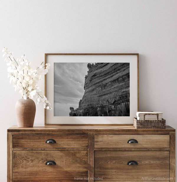 Kissing Rock And Sandstone Cliffs, Pictured Rocks Michigan Black And White Fine Art Photography Print