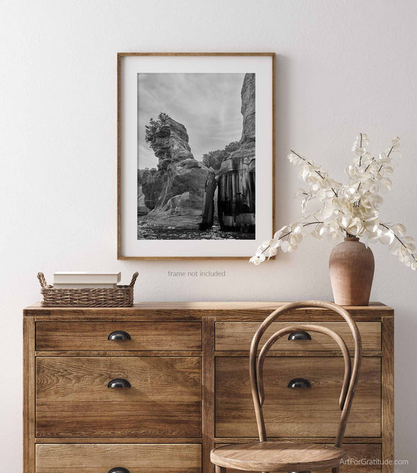 Kissing Rock And Kayaker, Pictured Rocks Michigan Black And White Fine Art Photography Print