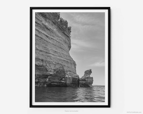 Kissing Rock And Sandstone Cliffs, Pictured Rocks Michigan Black And White Fine Art Photography Print