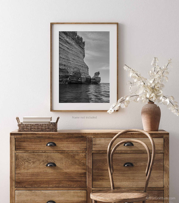 Kissing Rock And Sandstone Cliffs, Pictured Rocks Michigan Black And White Fine Art Photography Print