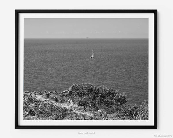 Lone Sailboat On Caribbean Ocean Off Ram Head Peak, St. John USVI Black And White Fine Art Photography Print