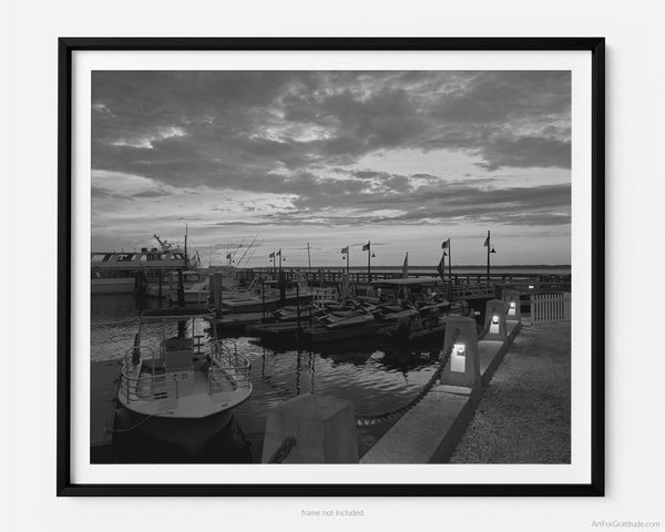 Harbour Town Boat Dock At Sunset, Hilton Head Island Black And White Fine Art Photography Print