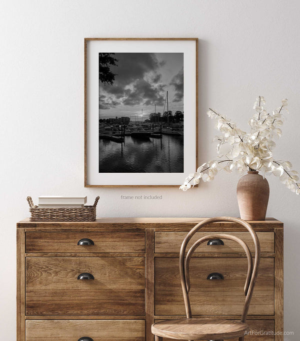 Shelter Cove Boat Marina At Sunset, Hilton Head Island Black And White Fine Art Photography Print