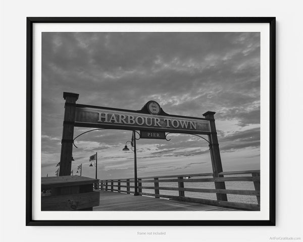 Harbour Town Pier Dock Sign At Sunset, Hilton Head Island Black And White Fine Art Photography Print