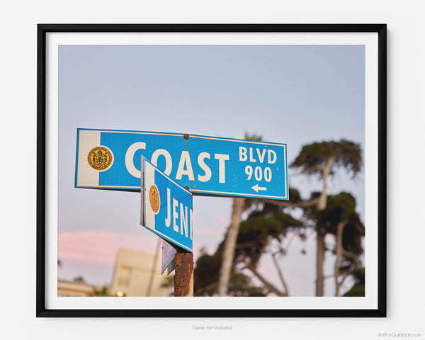 Coast Boulevard Street Sign at Sunset