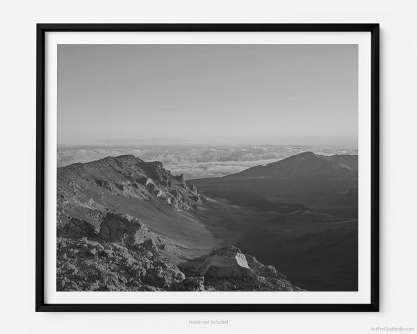 Haleakalā Summit View Into Volcanic Crater at Sunrise, Haleakalā National Park Black And White Fine Art Photography Print, In Maui Hawaii