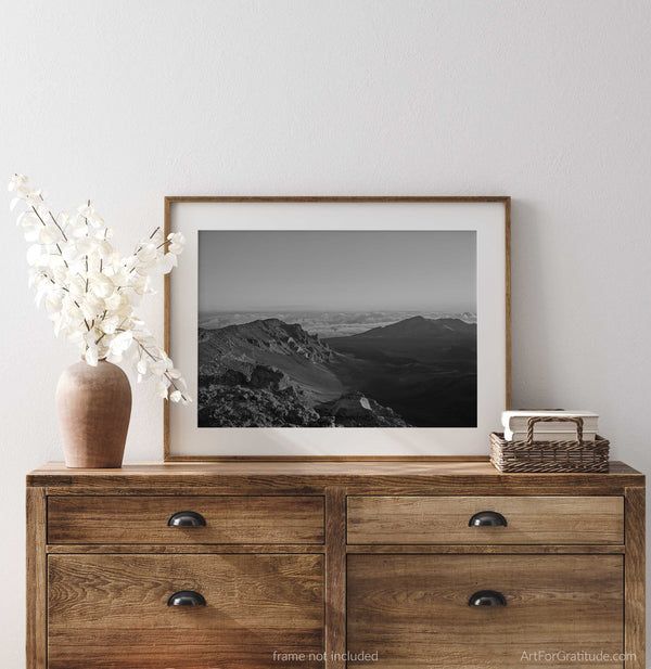 Haleakalā Summit View Into Volcanic Crater at Sunrise, Haleakalā National Park Black And White Fine Art Photography Print, In Maui Hawaii