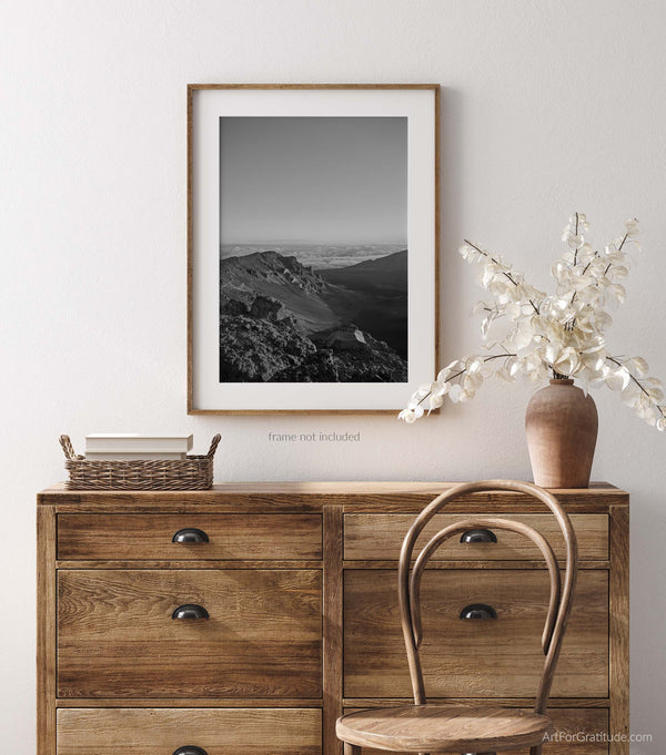 Haleakalā Summit View Into Volcanic Crater at Sunrise, Haleakalā National Park Black And White Fine Art Photography Print, In Maui Hawaii