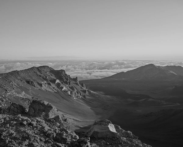Haleakalā Summit View Into Volcanic Crater at Sunrise, Haleakalā National Park Black And White Fine Art Photography Print, In Maui Hawaii