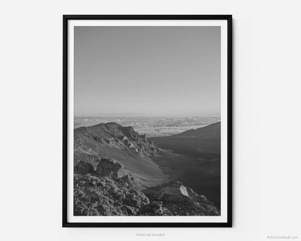 Haleakalā Summit View Into Volcanic Crater at Sunrise, Haleakalā National Park Black And White Fine Art Photography Print, In Maui Hawaii