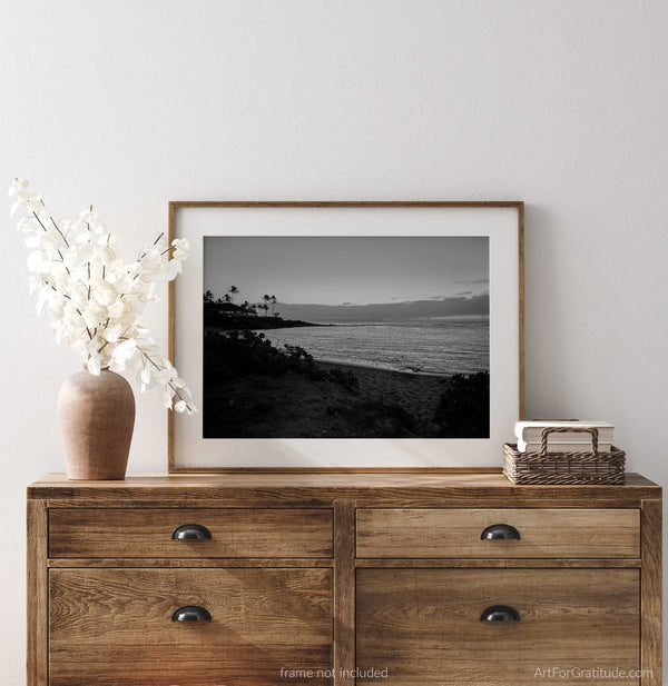 Sunset At Kapalua Bay Beach, A Maui Hawaii Black And White Fine Art Photography Print, Art For Gratitude