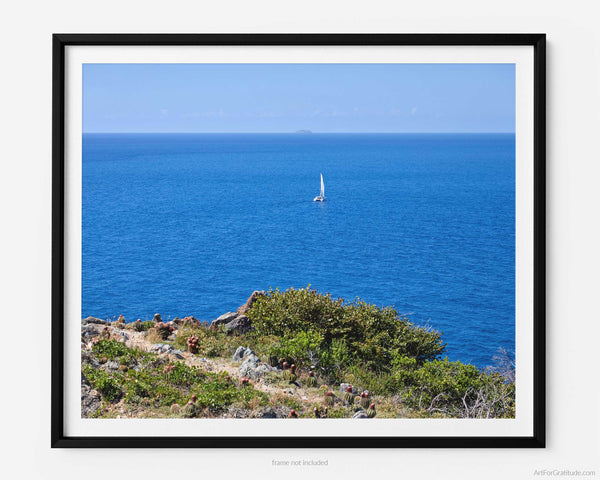 Lone Sailboat On Caribbean Off Ram Head Peak, St. John USVI Fine Art Photography Print
