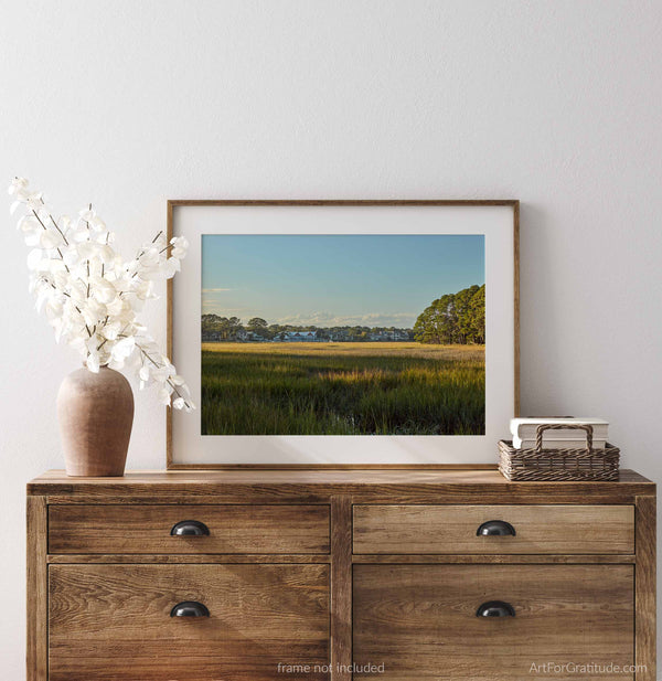 A picture looking Over Marsh Towards Salty Dog Cafe And South Beach Marina, Hilton Head Island Fine Art Photography Print. Perfect for wall art.