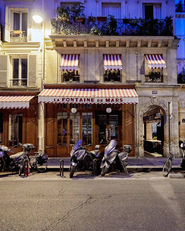 Paris Cafe And Motorbikes At Sunrise, Paris France Photography Print