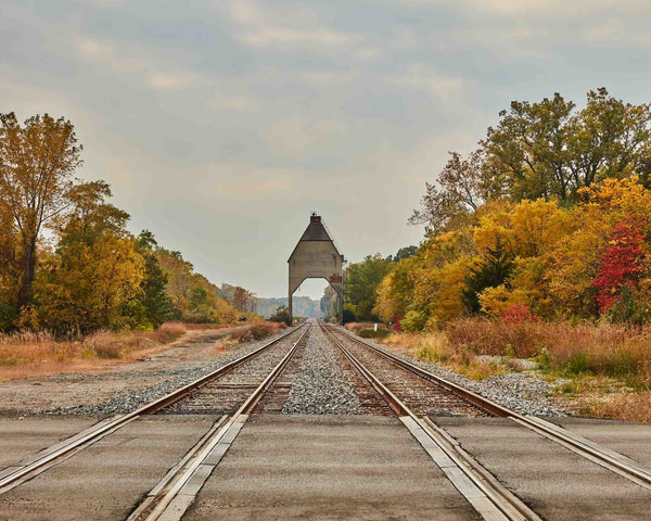 Fall Leaves On Railroad Train Tracks, New Buffalo Michigan Fine Art Photography Print