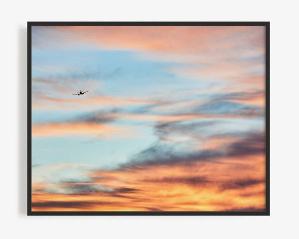 Plane Flying Toward Midway Airport At Sunset, Chicago Illinois Fine Art Photography Print