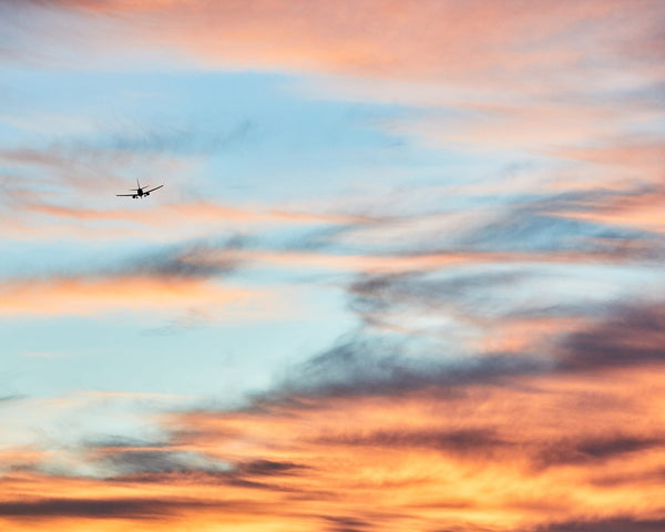 Plane Flying Toward Midway Airport At Sunset, Chicago Illinois Fine Art Photography Print