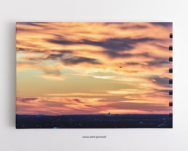 Plane Flying Towards Midway At Sunset, Chicago Fine Art Canvas Print