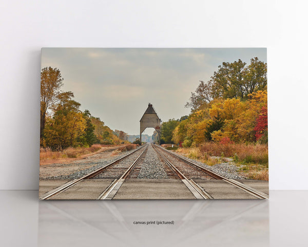 Fall Leaves On Railroad Train Tracks, New Buffalo Michigan Fine Art Photography Print