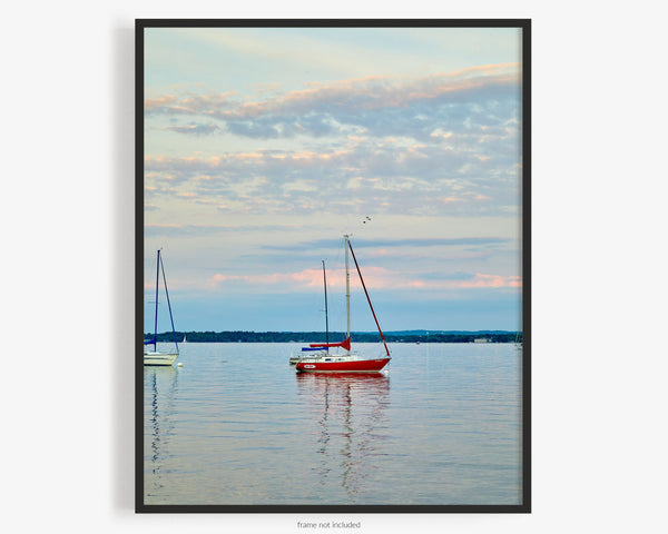 Red Sailboat On Lake Michigan, Traverse City Michigan Fine Art Photography Print