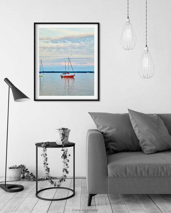 Red Sailboat On Lake Michigan, Traverse City Michigan Fine Art Photography Print