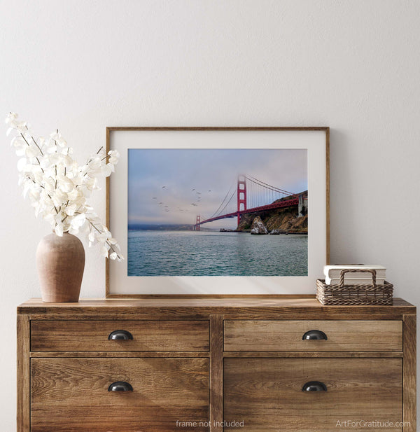 Seagulls Fly By Golden Gate Bridge, San Francisco California Fine Art Photography Print