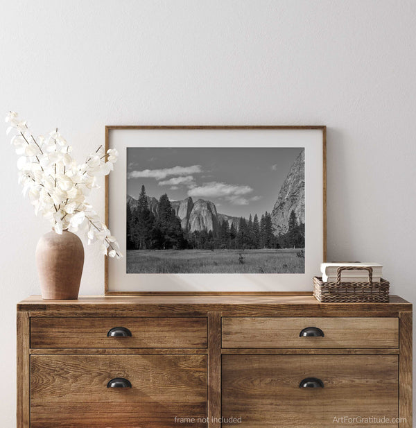 Cathedral Rocks Over Cook's Meadow, Yosemite Black & White Fine Art Photography Print