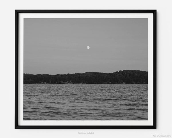 Torch Lake Moon At Sunset, Torch Lake Michigan Black And White Fine Art Photography Print