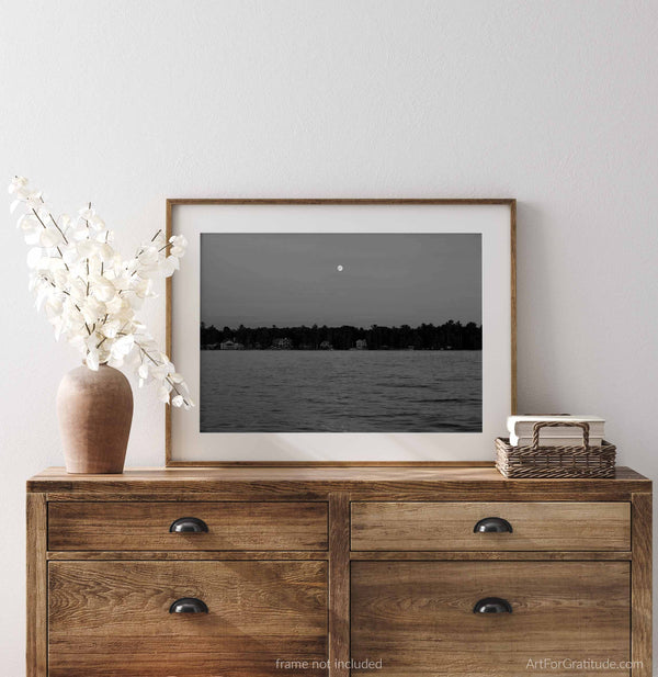 Torch Lake Moon At Sunset,  Torch Lake Michigan Black And White Fine Art Photography Print
