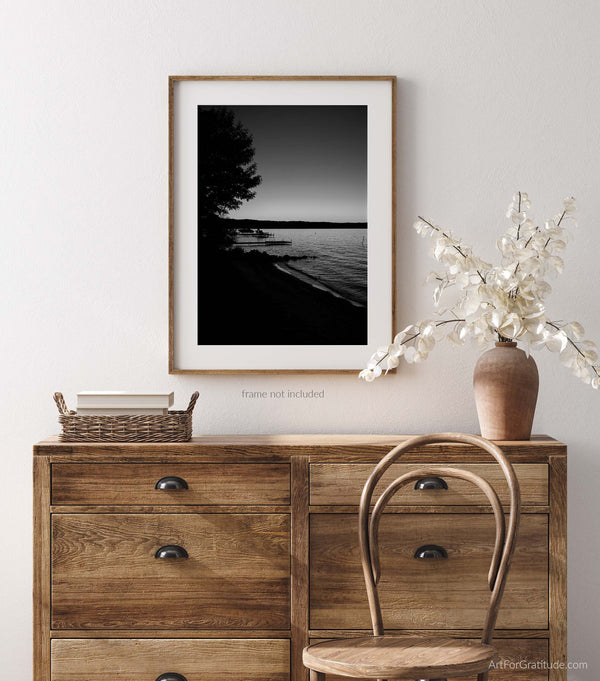 Torch Lake Beach At Sunset, Torch Lake Michigan Black And White Fine Art Photography Print