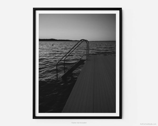 Torch Lake Boat Dock Ladder At Sunset, Torch Lake Michigan Black And White Fine Art Photography Print