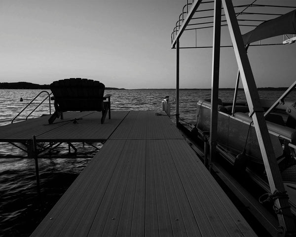Torch Lake Boat Dock At Sunset, Torch Lake Michigan Black And White Fine Art Photography Print