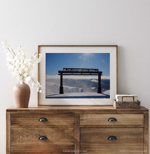 A framed picture of the Legendary Back Bowls Sign At Vail Ski Resort, Vail Colorado Fine Art Photography Print