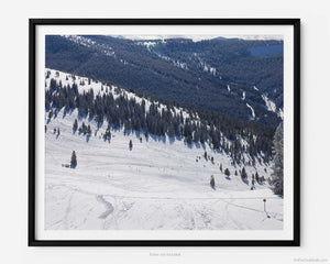 This fine art photography print shows winter in Vail, Colorado at Vail Ski Resort. The view of the Back Bowls from Two Elk Lodge looks down extreme black ski runs like Dragon Teeth, Jade Face, and Genghis Kahn.