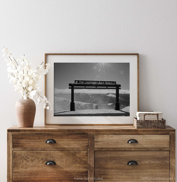 A framed black and white picture of the Legendary Back Bowls Sign At Vail Ski Resort, Vail Colorado Fine Art Photography Print