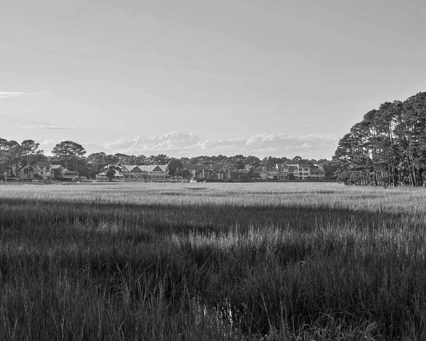 A picture of South Beach Marina & Salty Dog Cafe Over Marsh, Hilton Head Island Black And White Fine Art Photography Print, Sea Pines, Art For Gratitude