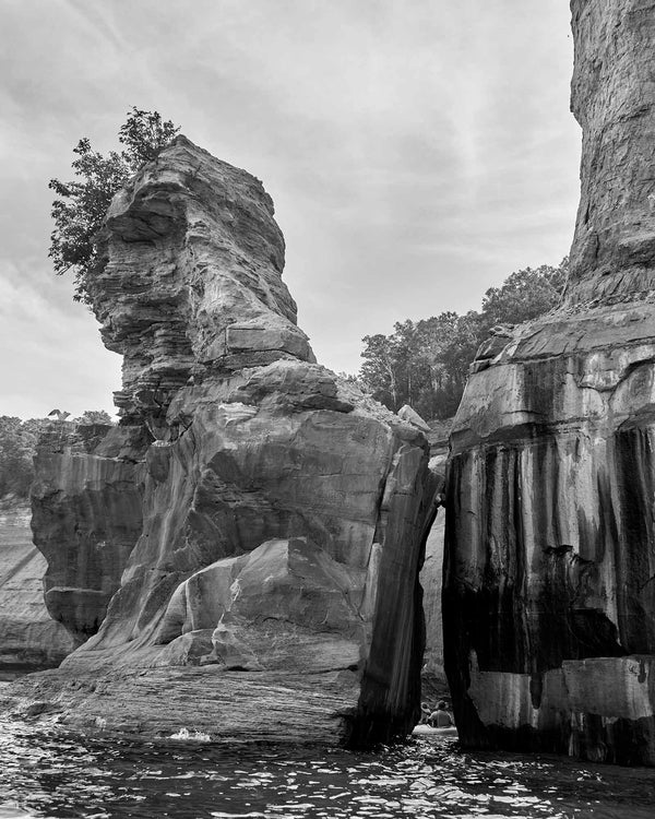 Kissing Rock And Kayaker, Pictured Rocks Michigan Black And White Fine Art Photography Print