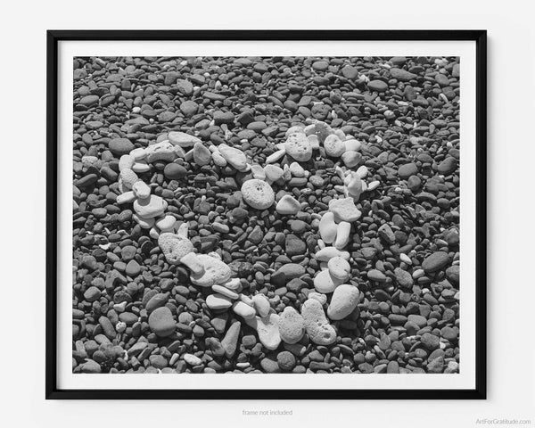 Coral Heart on Blue Cobblestone Beach, St. John USVI Black And White Fine Art Photography Print