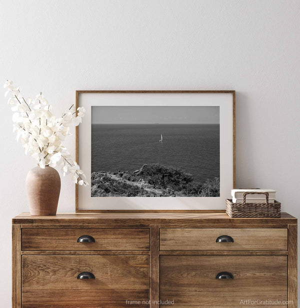 Lone Sailboat On Caribbean Ocean Off Ram Head Peak, St. John USVI Black And White Fine Art Photography Print